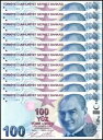 トルコ 100 リラ、L.1970 (2009 ND)、P-226d、UNC X 10 個