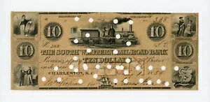 1859 年 $10 サウス ウェスタン鉄道銀行 - サウスカロライナ紙幣 (電車付き)