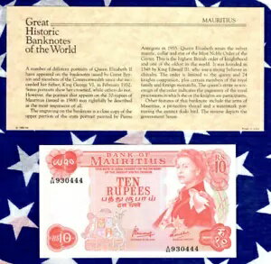 偉大な歴史ある紙幣 モーリシャス 1967 10 ルピー P-31c UNC A/64 930444 ラッキー