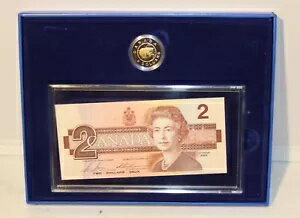 カナダ 2 ドル紙幣 1986 年、素晴らしい状態、2 ドルコイン付きケース
