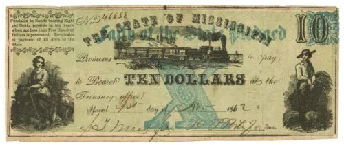 1862 ミシシッピ州 $10 廃止紙幣 No.46655 CR40 (59332)