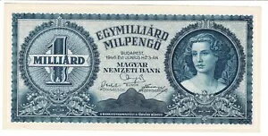 ハンガリー 1946 10 億ミルペンゴ通貨インフレ紙幣 UNC 青色紙幣