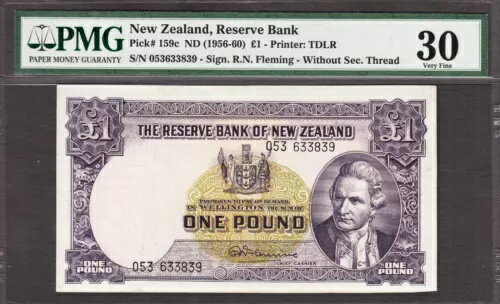 ニュージーランドの 1 ポンド記号。フレミング ND (1956-60) ピック-159c 非常に細かい PMG 30
