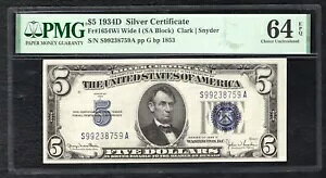 FR。 1654Wi 1934-D $5 シルバー証明書通貨紙幣 PMG 未流通-64EPQ (D)