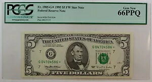 1995 $5 FRN *G-Star* fw Note、PCGS 66 PPQ、Fr. 1985-G*、連邦準備制度理事会