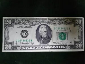 1974 年発行の 20 ドル連邦準備銀行紙幣 (複数の折り目付き)