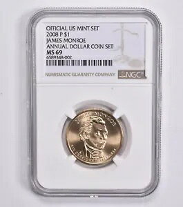 MS69 2008-P James Monroe Annual Set Presidential Dollar NGC US Mint商品について認証：NGC額面：1ドルグレード：MS69流通/非流通：非流通構成：クラッド発行年：2008年製造国/地域：アメリカ合衆国鋳造タイプ：ビジネス造幣局所在地：フィラデルフィア注意事項※以下の注意事項をご理解のうえ、ご購入ください■ 鑑定済みコイン・紙幣について各種コイン・紙幣の鑑定機関（NGC、PCGS、PMGなど）は、収集品の真贋鑑定およびグレーディングを行う専門機関です。鑑定後の商品は、専用ケース（スラブ）に封入され、状態を示すグレードが付与されます。■ グレードについてグレードはコイン・紙幣自体の状態を評価するものであり、ケース自体の品質や状態を保証するものではありません。製造・輸送時の影響により、以下のような状態が発生する場合がございます。- 軽微なスレ傷・拭き傷（特に光の角度で見えるもの）- ケース内部のホコリ・小さな異物（鑑定機関の検品基準を満たしている場合）- ラベルのズレ・わずかな傾きこれらは鑑定機関の基準内であり、返品・交換の対象とはなりませんのでご了承ください。■ ラベルの種類について各鑑定機関では、コイン・紙幣の状態や鑑定の結果に応じて異なるラベルが付与されます。- 通常ラベル（Standard/Regular）：一般的なグレード付き鑑定済みコイン・紙幣- オーセンティック（Authentic）：グレードなしで真贋のみ保証- 詳細グレード（Details）：クリーニング跡やエッジのダメージがあるが本物と認定- 特別ラベル（Special Label）：記念版や特定のデザインの限定ラベル - 例：NGC「Early Releases」「First Releases」、PCGS「First Strike」 などグレードやラベルの種類は、商品画像および説明文をご確認のうえ、ご購入ください。■ 在庫状況について当店の商品は海外から取り寄せております。ご購入のタイミングによっては在庫切れとなる場合がございます。その際はご連絡のうえ、ご注文をキャンセルさせていただく場合がございますので、あらかじめご了承ください。■ ご注文後のキャンセルについてご注文と同時に商品のお取り寄せを開始するため、お客様都合によるキャンセルは承っておりません。■ 配送についてお届けまでに通常2〜3週間ほどかかります。海外の祝日や天候、税関手続きにより通常より配送が遅れる可能性がございます。■ 保証について商品説明に英語で「保証（warranty）」と記載があっても、日本国内では適用されませんのでご了承ください。 当店では、商品到着後7日以内の初期不良に限り、対応させていただきます。 （返品規約の詳細については、楽天市場内の会社概要欄下部をご参照ください。）■ 商品の色・素材感について撮影環境やモニター設定により、実際の商品と色味や質感が異なる場合がございます。■ 価格変動について希少性の高い商品は市場価格の変動により、追加料金をお願いする場合がございます。追加料金に同意いただけない場合には、ご注文のキャンセルが可能ですので、ご安心ください。■ その他サービスについて海外製品の輸入代行も承っております。ショップに掲載されていない商品でもお探し可能ですので、お気軽にご相談ください。尚、業者販売（業販）や複数購入の場合、割引対応も可能です。ご希望の方はお問い合わせください。