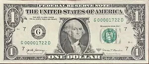 2017A $1 低シリアル 00001722 紙幣メモ ファンシー シリアル番号