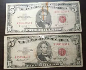 1953 & 1963 $5 レッドシール 米国紙幣ロット - 1 破れ/テープ付き - 送料無料