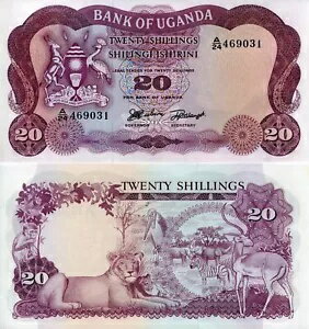 ウガンダ P-3a 20 シリング UNC - サル、ライオン、鳥、シマウマ、ゾウ、ガゼル!
