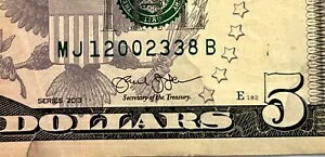 5 ドル紙幣 2013 年流通年 ダブル シリアル番号 MJ 1 2002 33 8 B