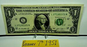 1 ドル誕生日メモ 1951 年 2 月 7 日。派手なシリアル番号 2 7 1951 21。