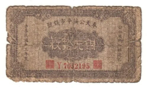 中国紙幣、満州国、豊天銀行 10 銅貨 1924 年、P-S1377 [3120]