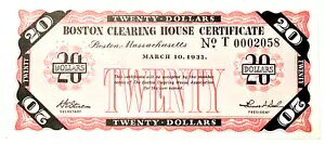 1933 マサチューセッツ州ボストン $20 手形交換所証明書 Crisp Unc