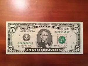 1995 レア $5 シカゴ (G) Fed Res Note Fr 1985-G - クリスプ AU - G02203460F *COOL*