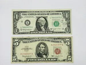 1963 年の 5 ドル レッドシール紙幣と 1963 年の B 1 ドル紙幣。米国の旧紙幣 $5 と $1