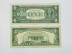 WORLD RESOURCE【KING店】の1963 年の 5 ドル レッドシール紙幣と 1963 年の B 1 ドル紙幣。米国の旧紙幣 $5 と $1｜アングル2