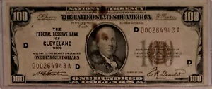 1929 年 $100 オハイオ州クリーブランド連邦準備銀行、シリアル番号 D00264943 A