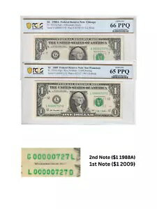 $1 一致するシリアル番号 2 個セット (00000727) PCGS グレード 66/65 PPQ レア