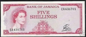 ジャマイカ 5 シリング P-49 1960 クイーン リバー パイナップル レア アウンカリブ海銀行券
