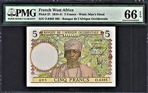 フランス領西アフリカ 5 フラン 1939 ピック-21 GEM UNC PMG 66 EPQ