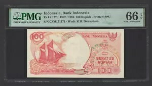 インドネシア 100 ルピア 1992 / 1994 P127c 「レーダーリピーター S/N 171171」 UNC グレード 66