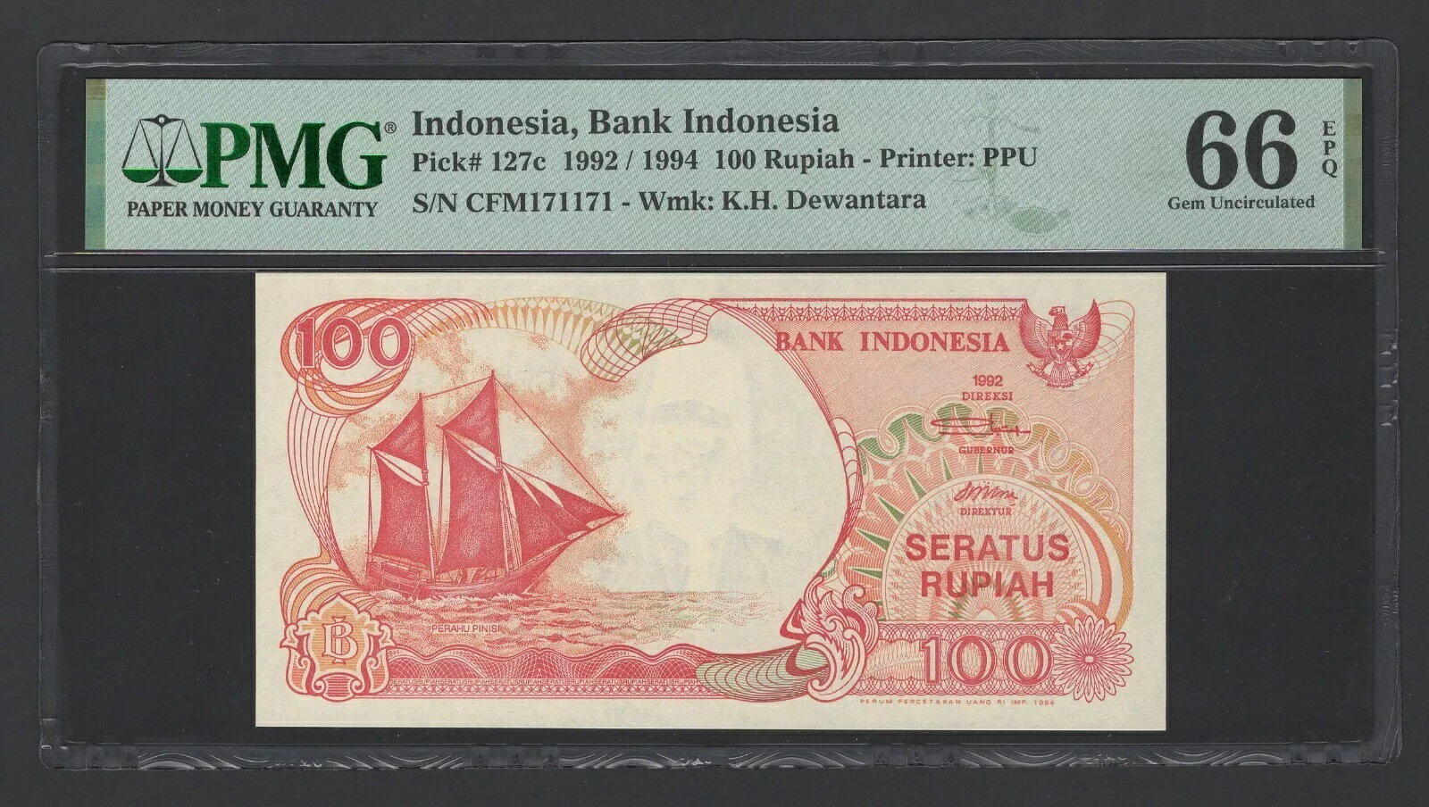 WORLD RESOURCE【KING店】のインドネシア 100 ルピア 1992 / 1994 P127c 「レーダーリピーター S/N 171171」 UNC グレード 66｜アングル3