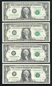 (4) 1988-A $1 FRN の「マッチング レーダー シリアル番号 E09233290F、EI、GN、および GU」GEM UNC