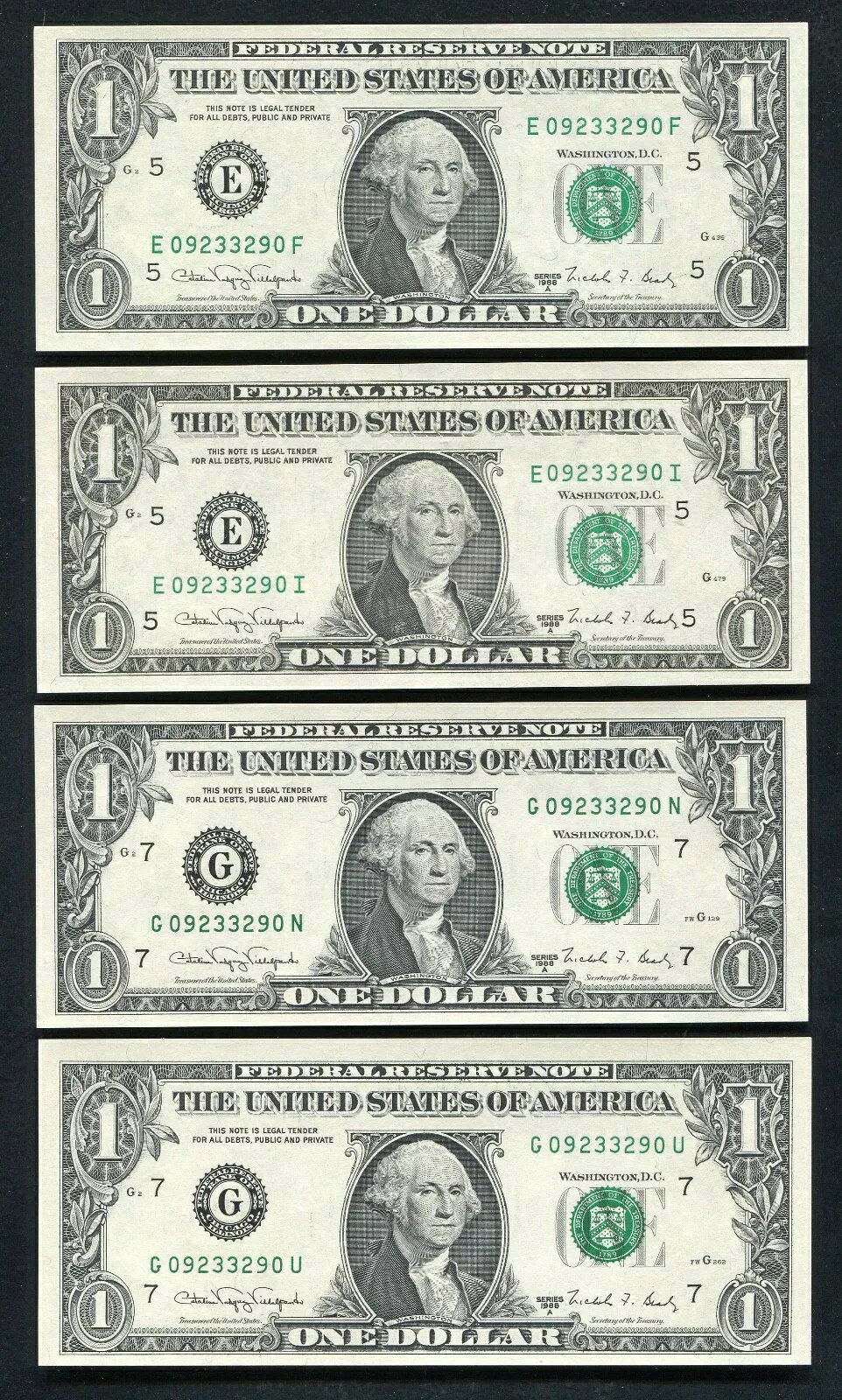 WORLD RESOURCE【KING店】の(4) 1988-A $1 FRN の「マッチング レーダー シリアル番号 E09233290F、EI、GN、および GU」GEM UNC｜アングル3