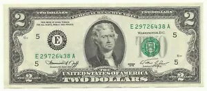 1976年 $2 2ドル紙幣 低シリアル番号 レア E29726438A 鮮明な未流通品