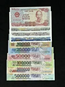 ベトナム ドン セット コレクション (500-500,000) UNC/CIR ベトナム紙幣 (10 枚)