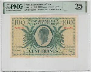 フランス赤道アフリカ 100 フラン紙幣 1941 非常に上質なグレード-25-PMG P#13-A