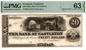 1850年代 $20 バーモント州キャッスルトン銀行 廃止 - PMG 63 EPQ - 希少！電車のビネット