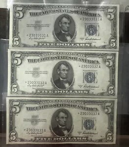3 つの 1953 A シーケンシャル未流通 $5 ドル ブルー シール スター ノート ファンシー S#