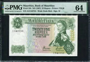 モーリシャス 1967、25 ルピー、P32b、PMG 64 UNC
