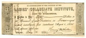 1855 Ladies' Collegiate Institute、マサチューセッツ州ウースター $50 紙幣 UNL (59917)