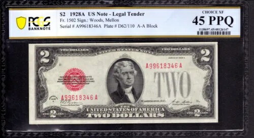 1928 A $2 ˡ̲߻ʾ åɥ FR.1502 AA ֥å PCGS B CHOICE XF 45 PPQ