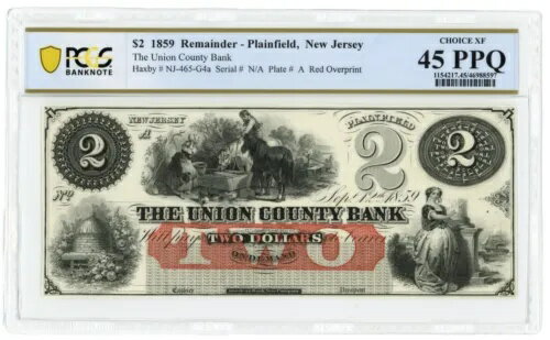 1859 Union County Bank, Plainfield, NJ $2 Ĥ PCGS 45 PPQ W-2037 (59337...