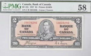 カナダ $2 1937 BC-22c プリンター BABN、PMG 58 Unc 紙幣について