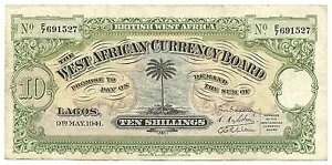 英国西アフリカ紙幣 10 シリング 1941 P7b gVF グレード ヤシの木 レア WW2