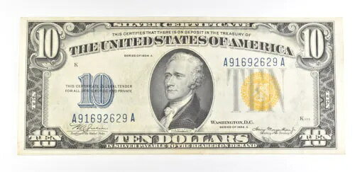 1934 A $10 シルバー証明書 北アフリカ イエロー シール Fr#2309 AU *9332