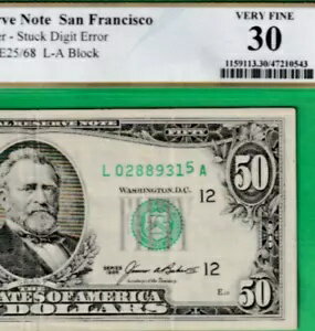 エラースタックディジット $50 1985 連邦準備銀行紙幣 ガスポンプ S/N 0288931 "5" PCGS