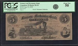 1858年 $5 ファーマーズ&メカニクス銀行 インディアナ州カネルトン 時代遅れの紙幣 PCGS AU-50