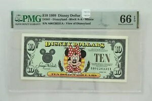 ディズニードル 1999 $10 PMG ジェム UNC 66EPQ DIS61。ミニーちゃん。ディズニーランドの眺め PM02