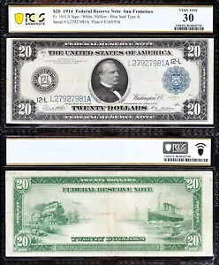 素晴らしいクリスプチョイス VF++ 1914 $20 サンフランシスコ連邦準備銀行紙幣! PCGS30!