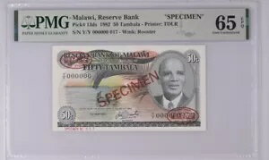 マラウイ 50 タンバラ 1982 P13ds UNC - 標本 TDLR #17 / PMG GEM65EPQ