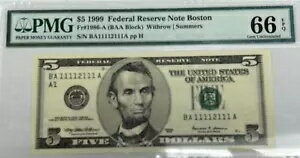 1999 ボストン $5 連邦準備銀行券バイナリ シリアル BA11112111A PMG 66 EPQ