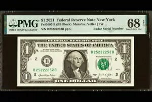 2021 ドル 1 ドル トゥルー レーダー シリアル番号 B25222252B 連邦準備銀行紙幣 ニューヨーク 68