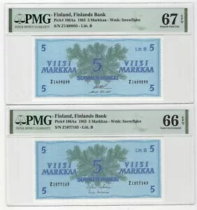 1963 フィンランド 5 マルカ P106Aa 連続ペア PMG 66 67 (トップ ポップ) PM127-30