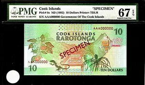 クック諸島 10 ドル 1992 SPECIMEN PMG 67 EPQ UNC ピック # 8s S/N AAA000000